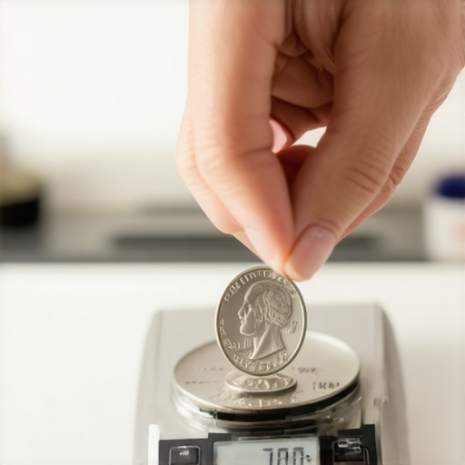A person using a US nickel to recalibrate a digital kitchen scale for precision baking.