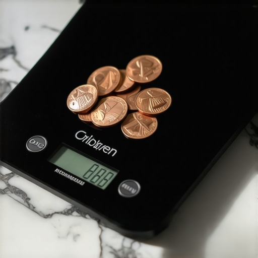 Testing Kitchen Scale Accuracy with the Penny Trick A digital kitchen scale being calibrated using standard US pennies to ensure precision.