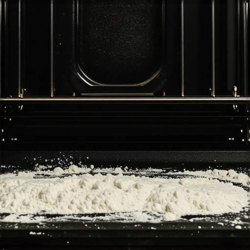 Close-up of white flour dusted on an oven seal to detect air leaks.