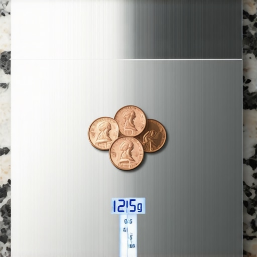 A digital kitchen scale displaying 12.5 grams with a stack of five pennies in the center