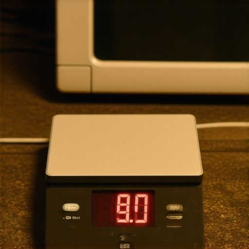 Digital kitchen scale displaying ghost weights near a microwave