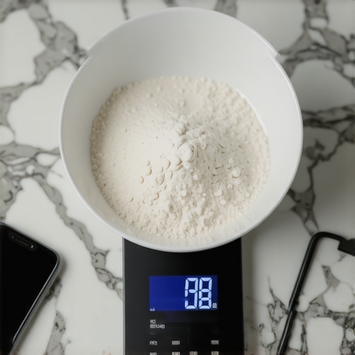 Smartphone next to a digital kitchen scale on a counter showing fluctuating weight