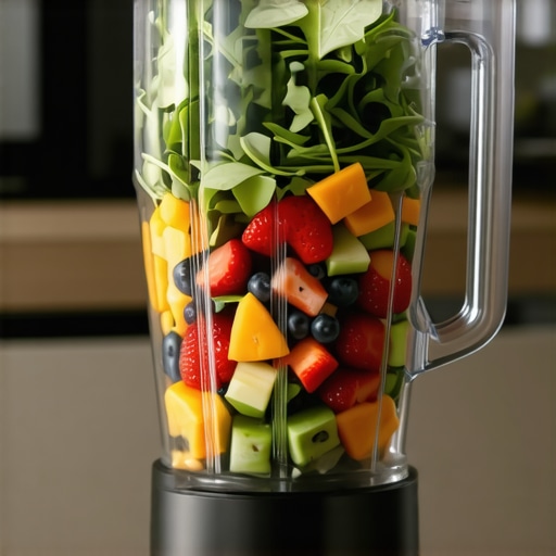 Close up of a blender creating a vortex with fruit and greens