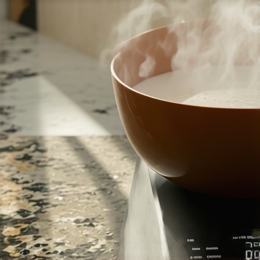 Thermal Drift Affecting Digital Kitchen Scale Accuracy Close up of a digital kitchen scale with a hot bowl causing measurement fluctuations.