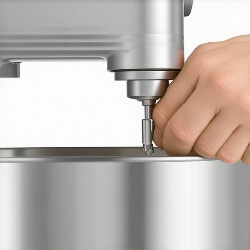 Hands repairing a loose tilt-head stand mixer with a screwdriver.
