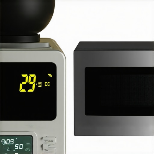 Digital kitchen scale showing inaccurate readings near a microwave