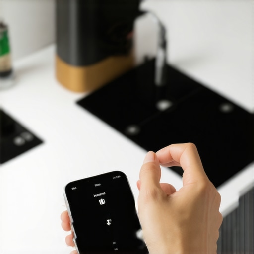 Hand holding a smartphone near a sleek smart scale to sync health data