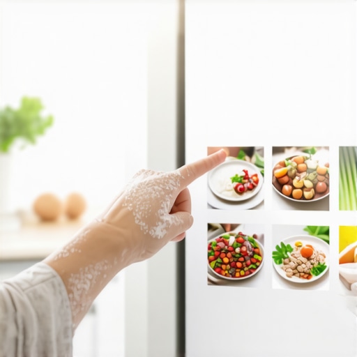 A person using a smart fridge touchscreen to manage recipes while cooking in a modern kitchen.