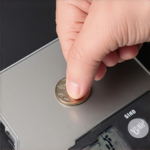 Close-up of a person calibrating a digital kitchen scale with a 5-gram nickel.