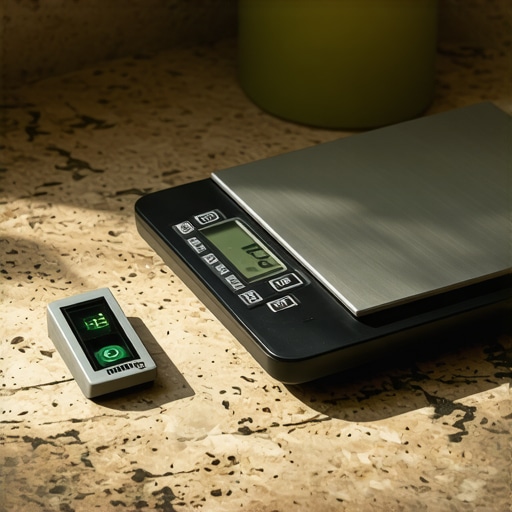 Checking the levelness of a digital kitchen scale with a spirit level on a countertop