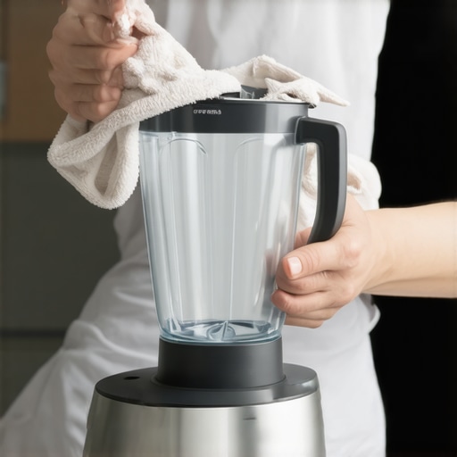 Using heat to loosen a stuck blender jar A person applying a warm towel to the base of a blender to dissolve dried residue and free the jar.