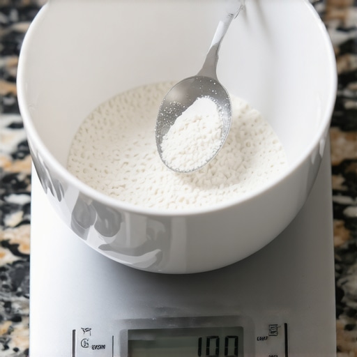 Using the pre-load method on a kitchen scale A digital scale measuring small amounts of powder with a heavy bowl as a base weight.