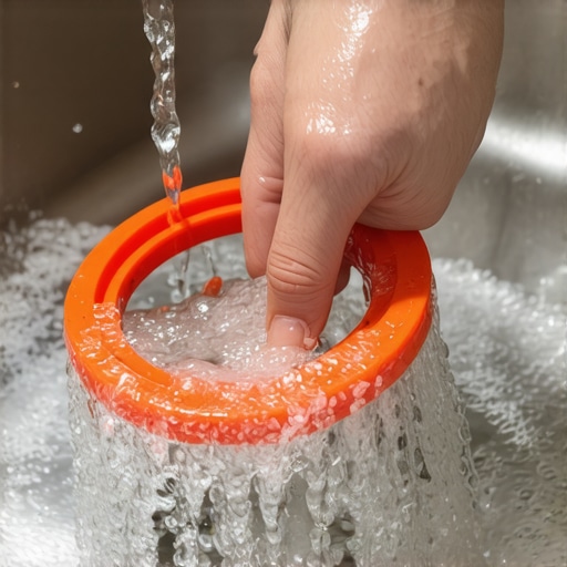 Hands cleaning a translucent silicone gasket ring under running kitchen faucet water