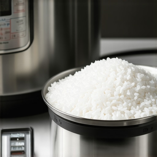 Weighing Rice on a Digital Kitchen Scale Raw white jasmine rice in a bowl placed on a digital kitchen scale next to a pressure cooker pot