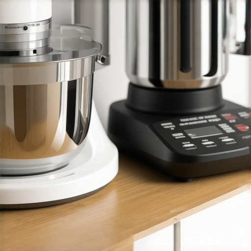 Clean and organized digital kitchen scale and countertop appliances stored properly on a kitchen shelf