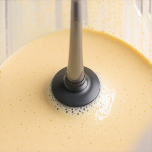 Whipping tahini to a cloud-like consistency Close up of light-colored whipped tahini emulsifying in a blender jar
